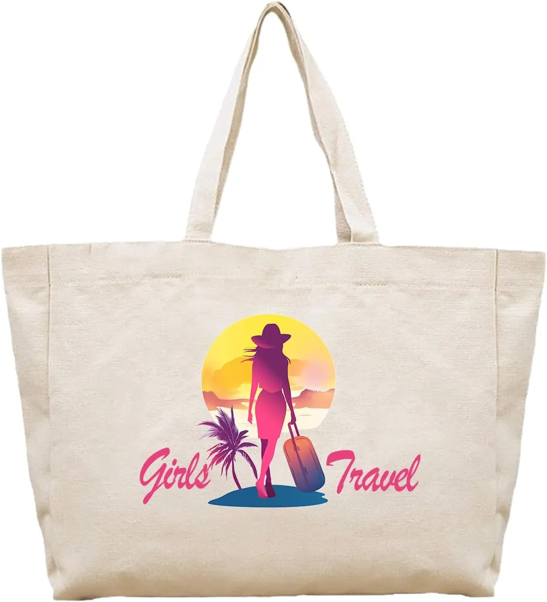 1 Pc, Girls Travel Beach Tropical Sunset Illustration Canvas Tote Bag, Daily Use Grocery Bag, Shopping Bag, Market Bag, Gift Bag, 16 x 14 inch