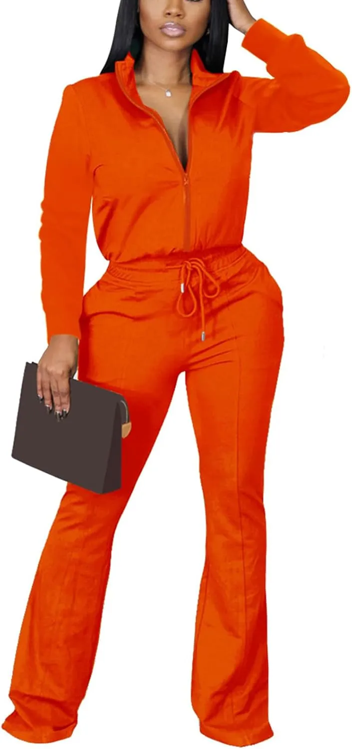 2 Piece Outfits for Women Long Sleeve Zipup Jacket Wide Leg Pants Retro Pure Color Tracksuit Sport Set Wine Red