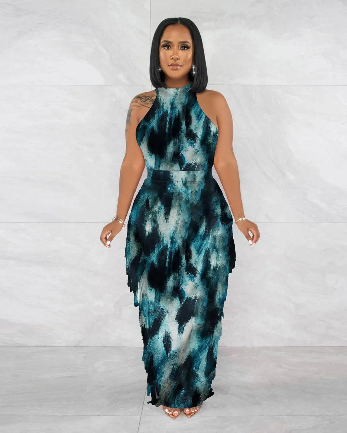 2 Piece Outfits for Women Sexy Halter Neck Sleeveless Crop Tops Ruched Bodycon Dresses Jumpsuits Fringe Skirt Sets