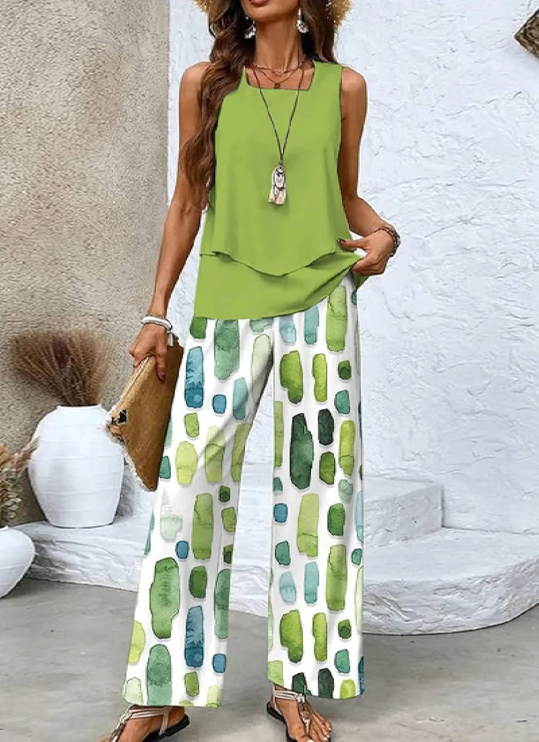 2 Piece Sets for Women Polka Dots Square Neck Tops Wide Leg Crop Pants Vacation Summer Travel Outfits