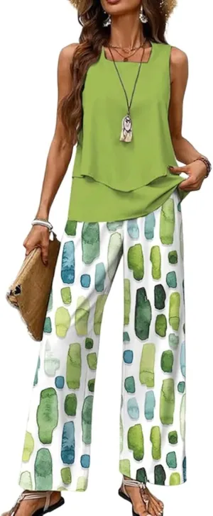 2 Piece Sets for Women Polka Dots Square Neck Tops Wide Leg Crop Pants Vacation Summer Travel Outfits