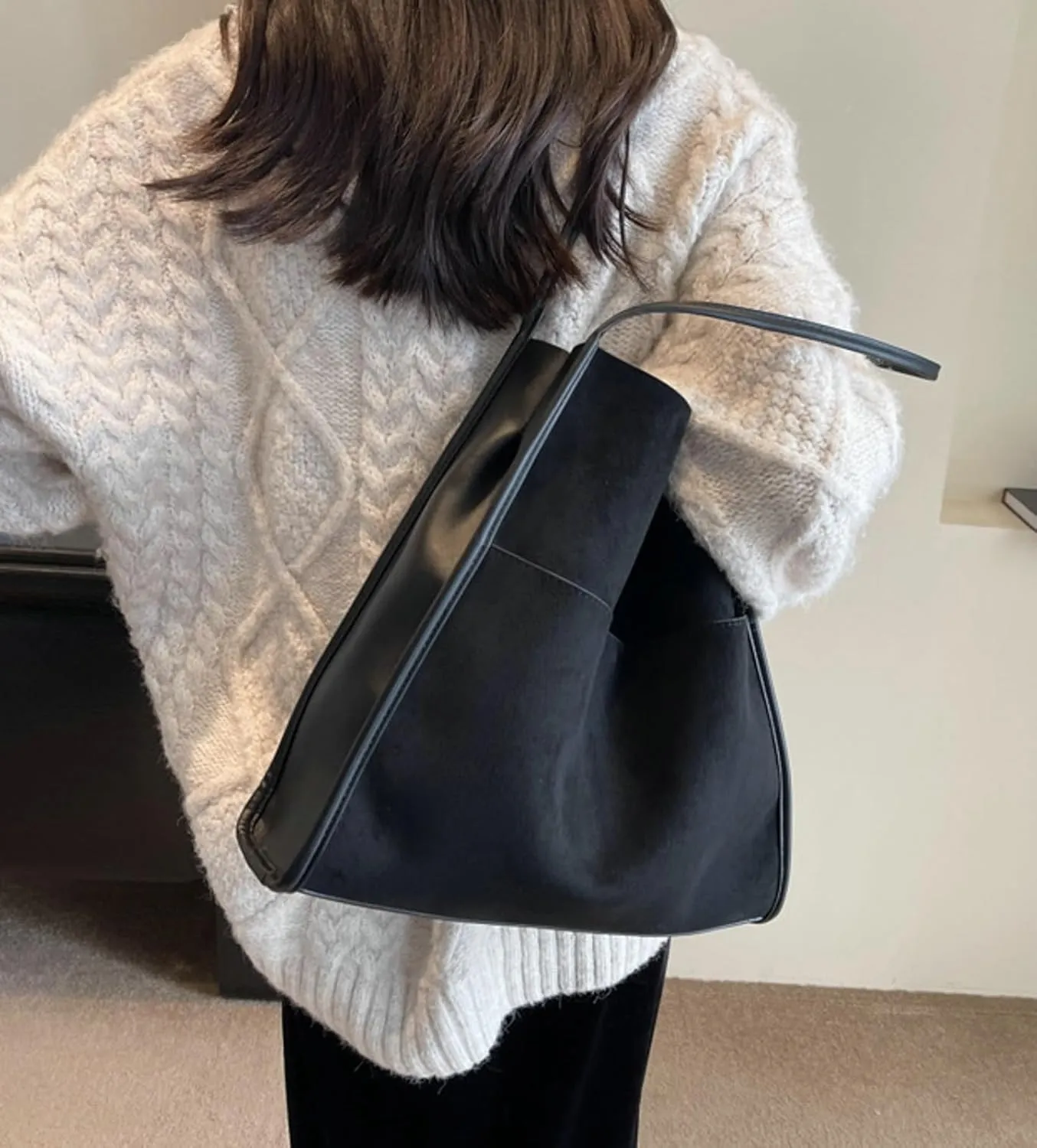 2024 Fall Women Suede PU Leather Tote Bag Large Capacity Shoulder Bag Vintage Bucket Bag with Pouch for Work Daily Use