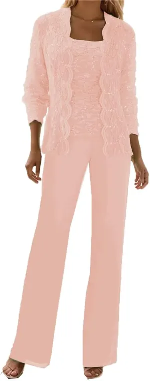 3 Piece Mother of The Bride Pant Suits for Wedding Guest Sequins Lace Outfits Formal Evneing Party Gowns with Jacket