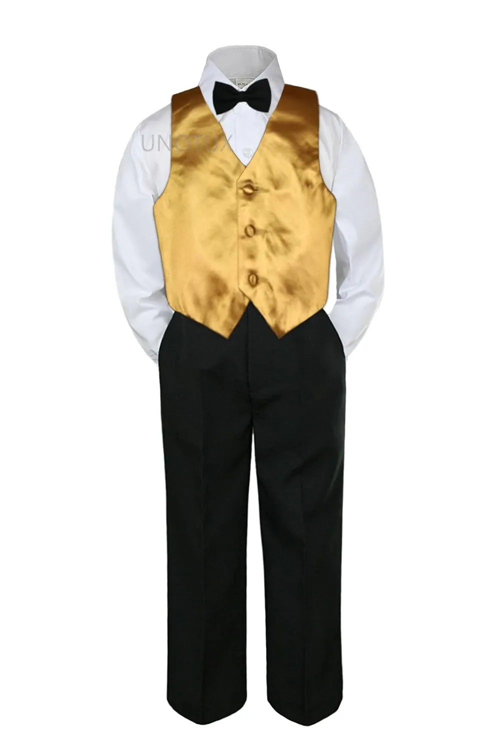 4pc Baby Toddler Kid Boys Gold Vest Black Pants Bow Tie Suits Set (5)