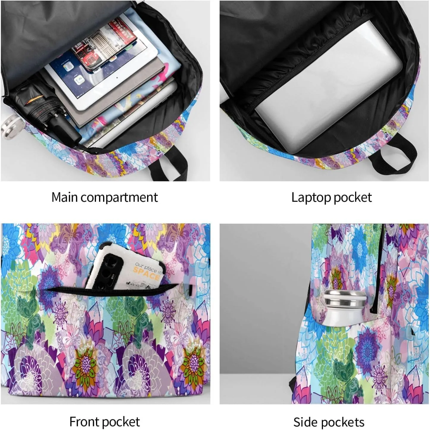 60s 70s Hippie Flowers Peace Sign Love Symbol Laptop Commuter Backpack Shoulder Bag Casual Back Pack Daypack Bags With Side Pockets For Work Travel Daily Use