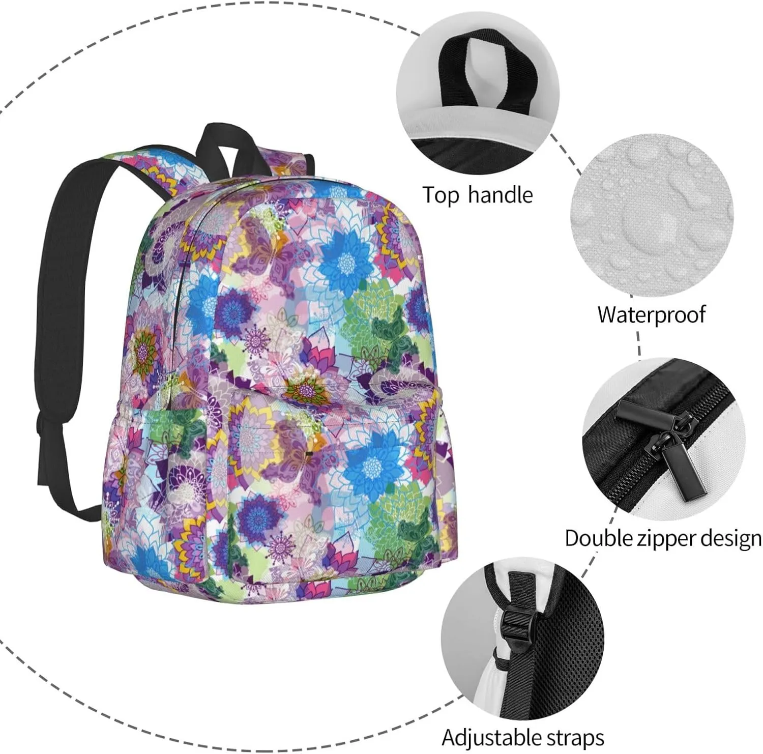 60s 70s Hippie Flowers Peace Sign Love Symbol Laptop Commuter Backpack Shoulder Bag Casual Back Pack Daypack Bags With Side Pockets For Work Travel Daily Use