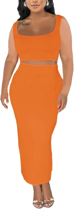 Adogirl Women's Sexy Summer Scoop Neck Ottoman Rib 2 Piece Outfit Bodycon Crop Tank Tops Long Maxi Skirt Set Club Dress