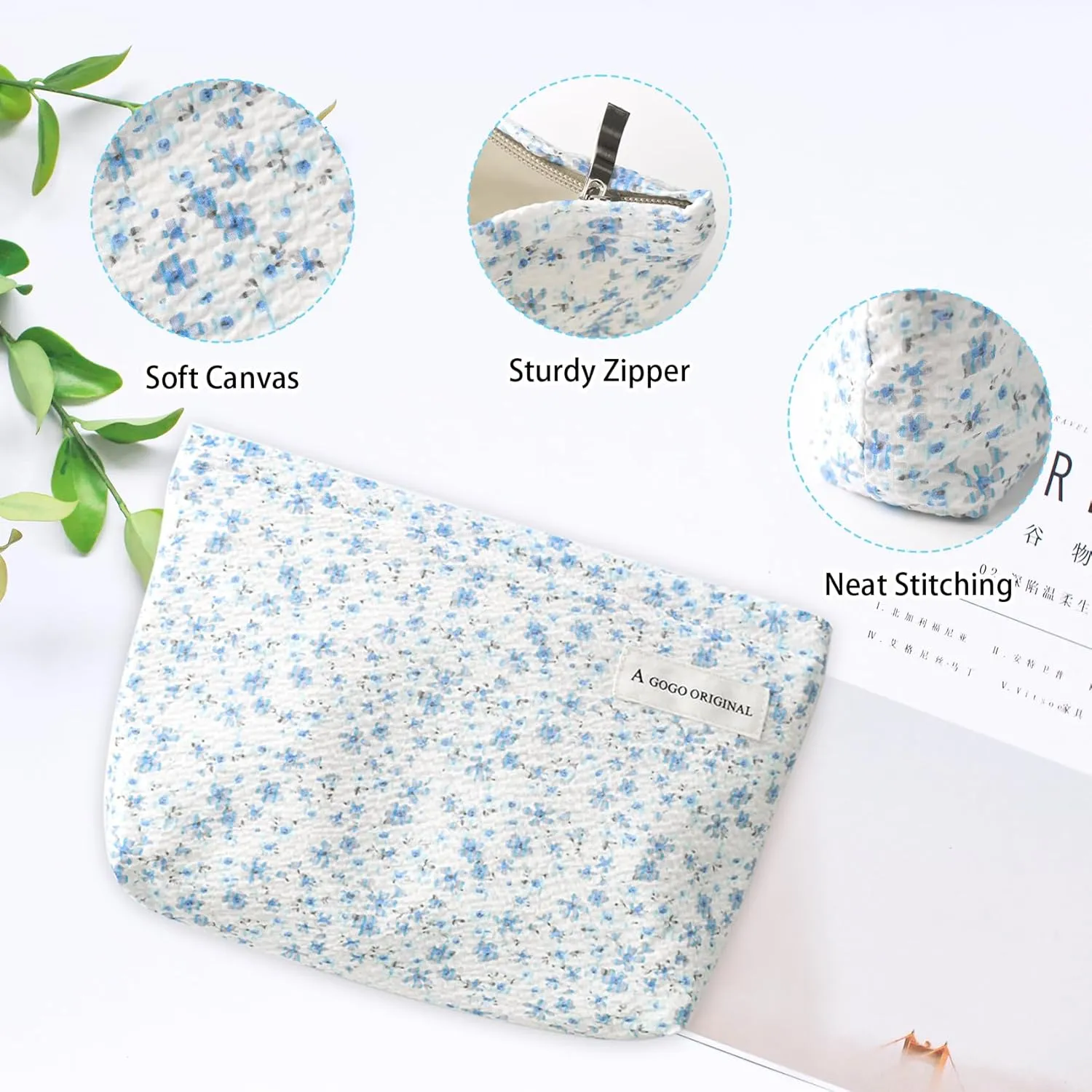 Aesthetic Makeup Bag Cotton, Quilted Floral Make up Bags, Make Up Pouch, Toiletry Bag Women, Floral makeup bag, Cosmetics Organizer Pouch, Pencil Case for Daily Use (Blue)