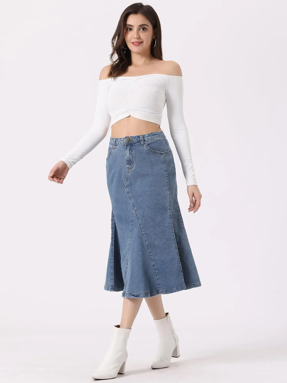 Allegra K Casual Denim Skirt for Women's High Waisted A-Line Flared Midi Skirts