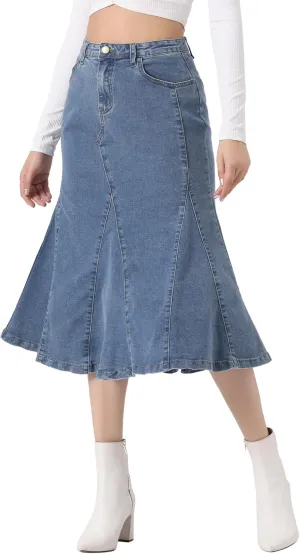 Allegra K Casual Denim Skirt for Women's High Waisted A-Line Flared Midi Skirts