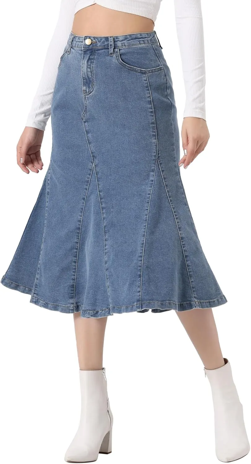Allegra K Casual Denim Skirt for Women's High Waisted A-Line Flared Midi Skirts