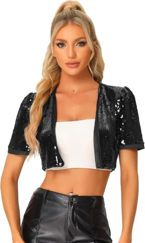 Allegra K Sequin Cardigan for Women's Open Front Jacket Christmas Sparkly Glitter Cropped Shrug Bolero