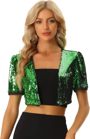 Allegra K Sequin Cardigan for Women's Open Front Jacket Christmas Sparkly Glitter Cropped Shrug Bolero