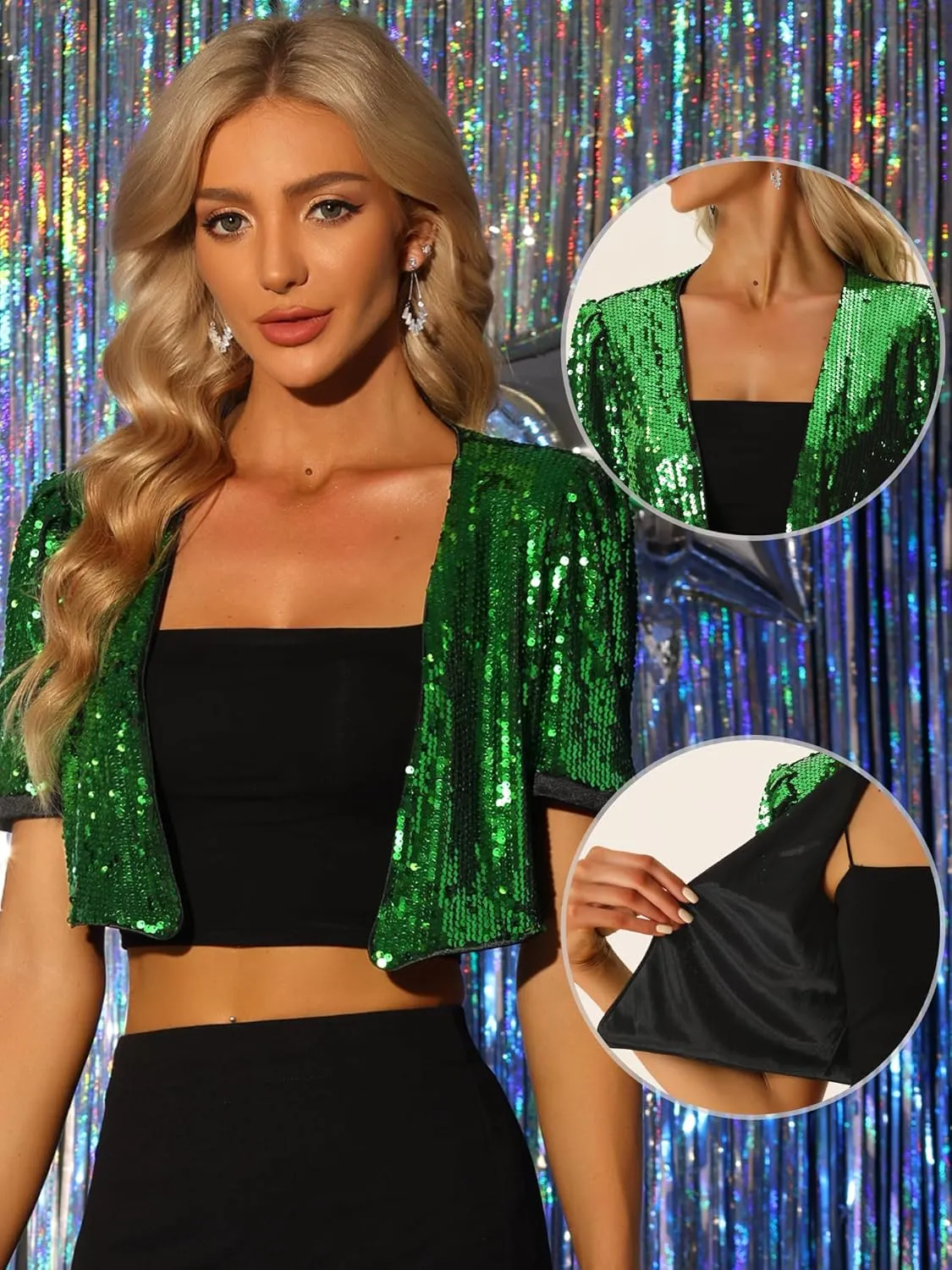 Allegra K Sequin Cardigan for Women's Open Front Jacket Christmas Sparkly Glitter Cropped Shrug Bolero