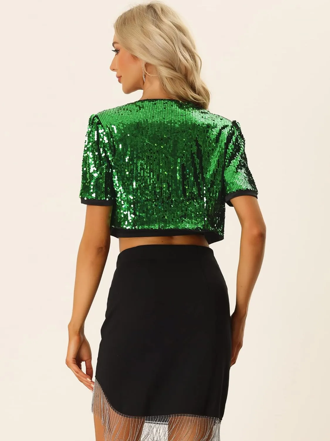 Allegra K Sequin Cardigan for Women's Open Front Jacket Christmas Sparkly Glitter Cropped Shrug Bolero