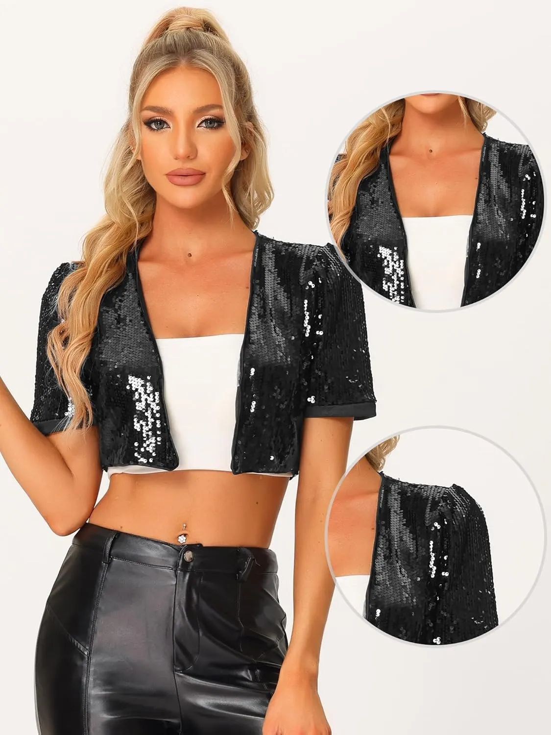 Allegra K Sequin Cardigan for Women's Open Front Jacket Christmas Sparkly Glitter Cropped Shrug Bolero