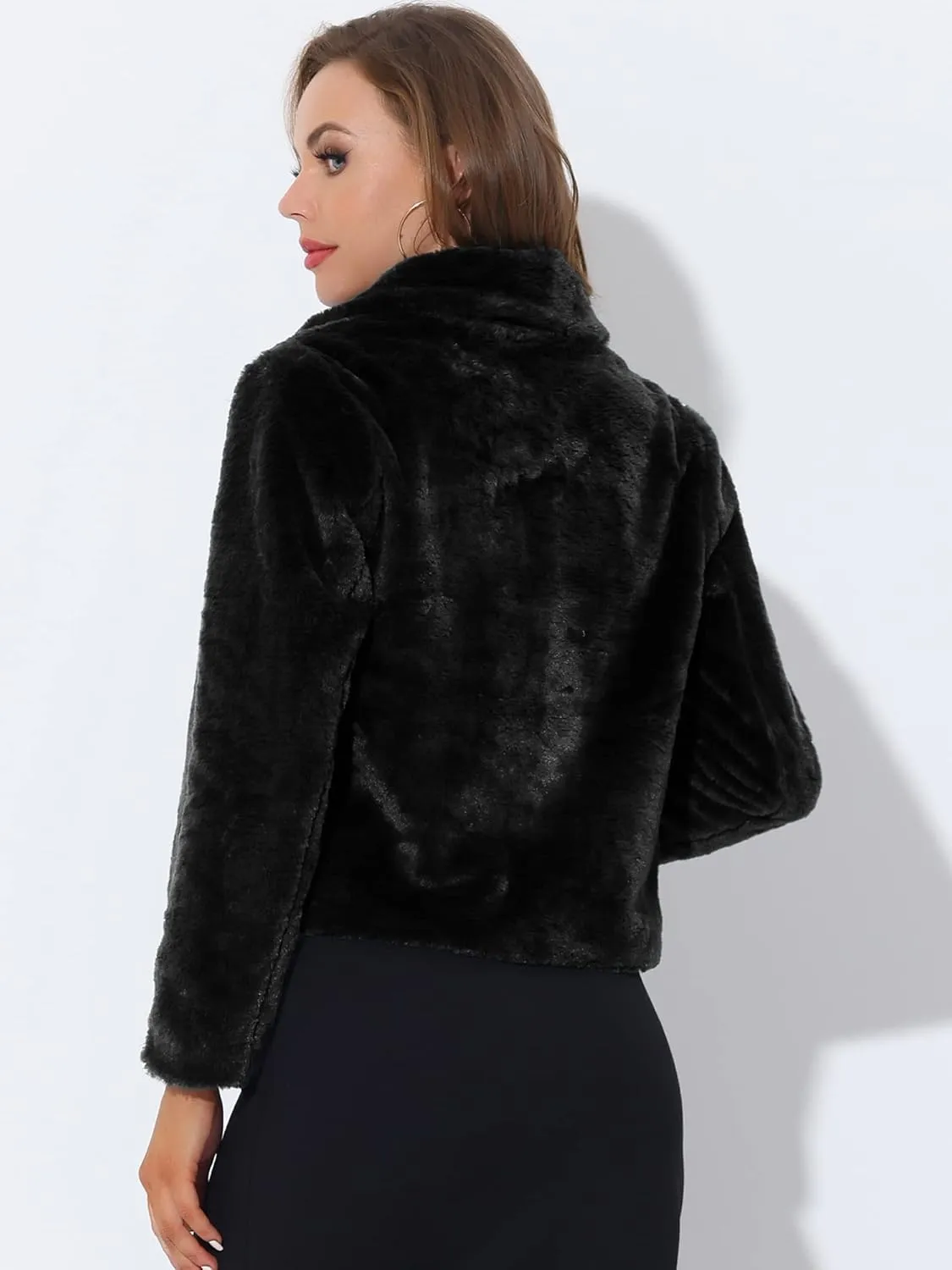 Allegra K Women's Cropped Faux Fur Jacket Lapel Cardigan Shrug 2024 Winter Fluffy Faux Fur Coat