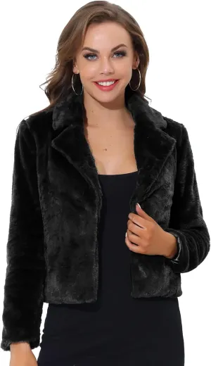 Allegra K Women's Cropped Faux Fur Jacket Lapel Cardigan Shrug 2024 Winter Fluffy Faux Fur Coat