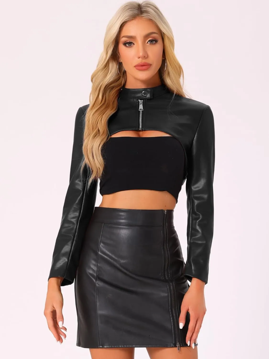 Allegra K Women's Faux Leather Cropped Top Stand Collar Zipper Front Moto Biker Long Sleeve Jacket Coat
