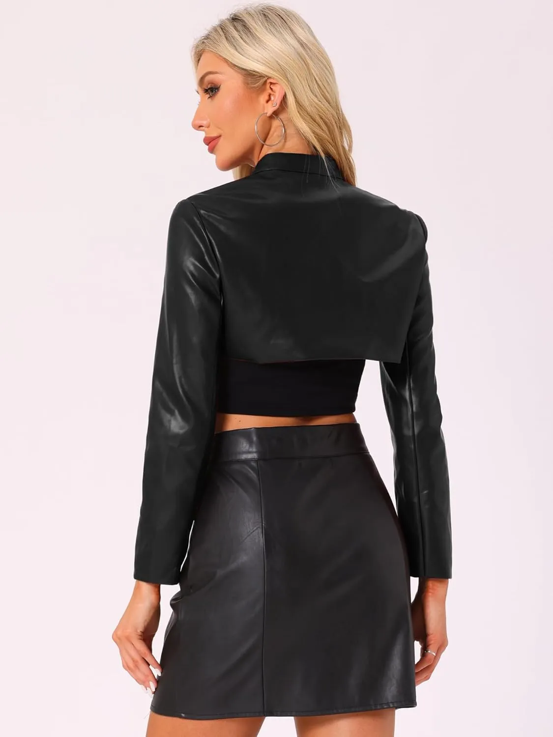 Allegra K Women's Faux Leather Cropped Top Stand Collar Zipper Front Moto Biker Long Sleeve Jacket Coat
