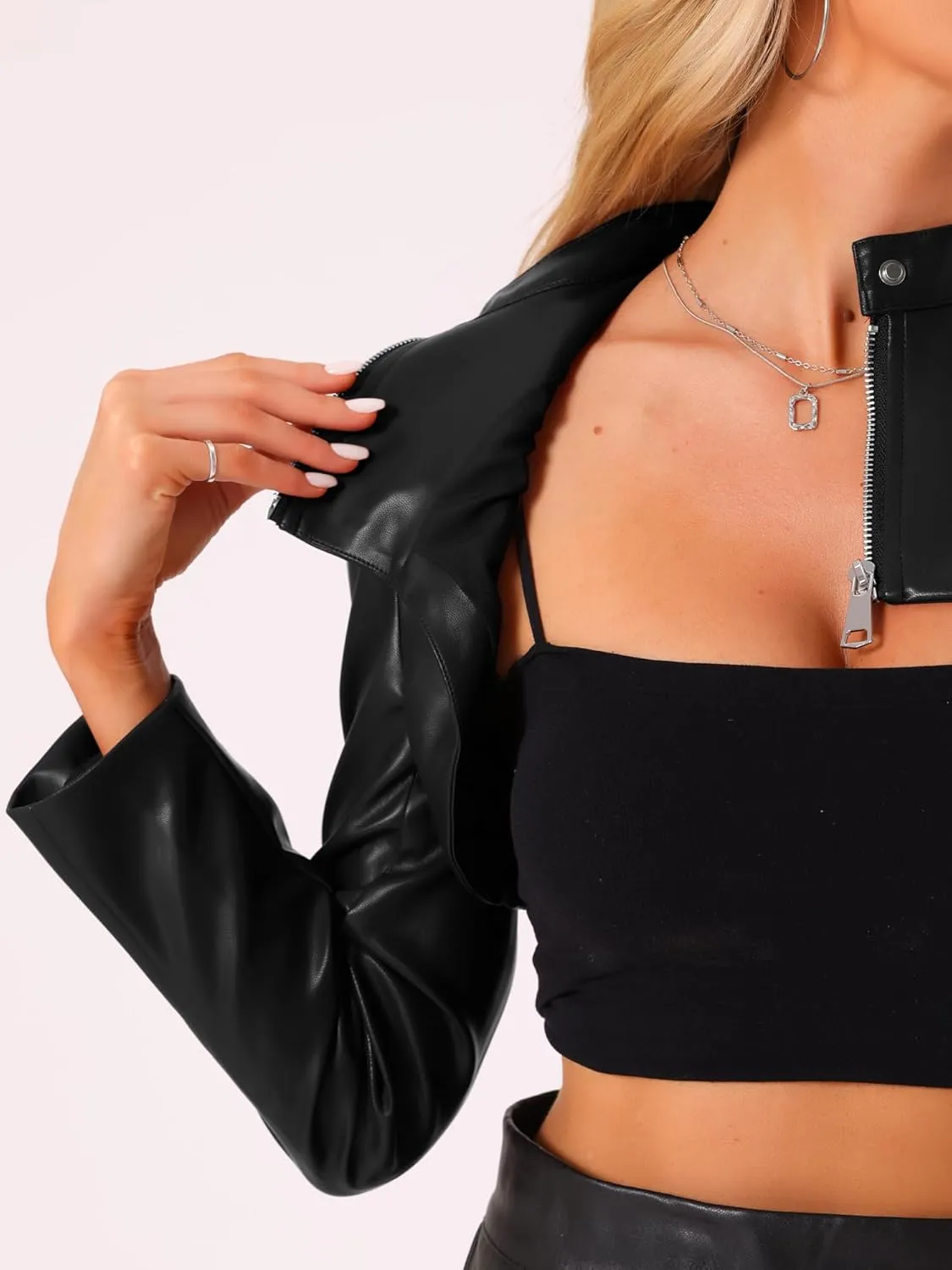Allegra K Women's Faux Leather Cropped Top Stand Collar Zipper Front Moto Biker Long Sleeve Jacket Coat