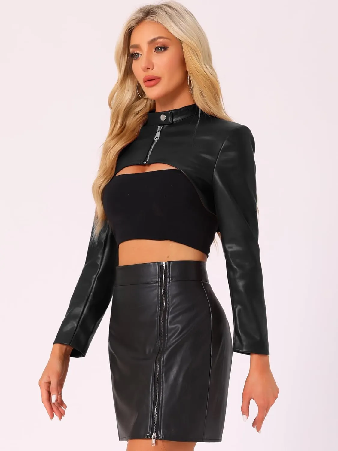 Allegra K Women's Faux Leather Cropped Top Stand Collar Zipper Front Moto Biker Long Sleeve Jacket Coat
