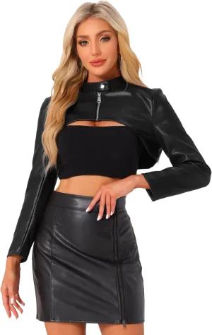 Allegra K Women's Faux Leather Cropped Top Stand Collar Zipper Front Moto Biker Long Sleeve Jacket Coat