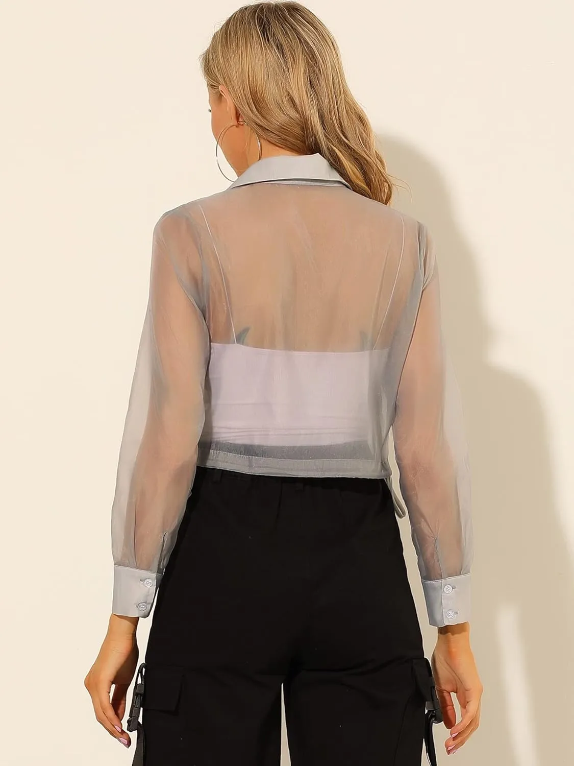 Allegra K Women's See Through Top Long Sleeve Drawstring Hem Button Down Cropped Mesh Sheer Jacket