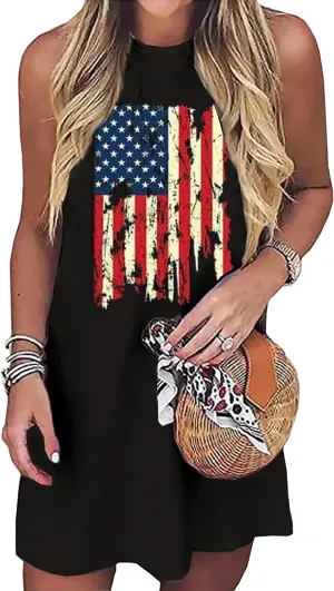 American Flag Tank Dress for Women 4th of July Patriotic Graphic Sleeveless Mini Dress Casual Vacation Short Dresses