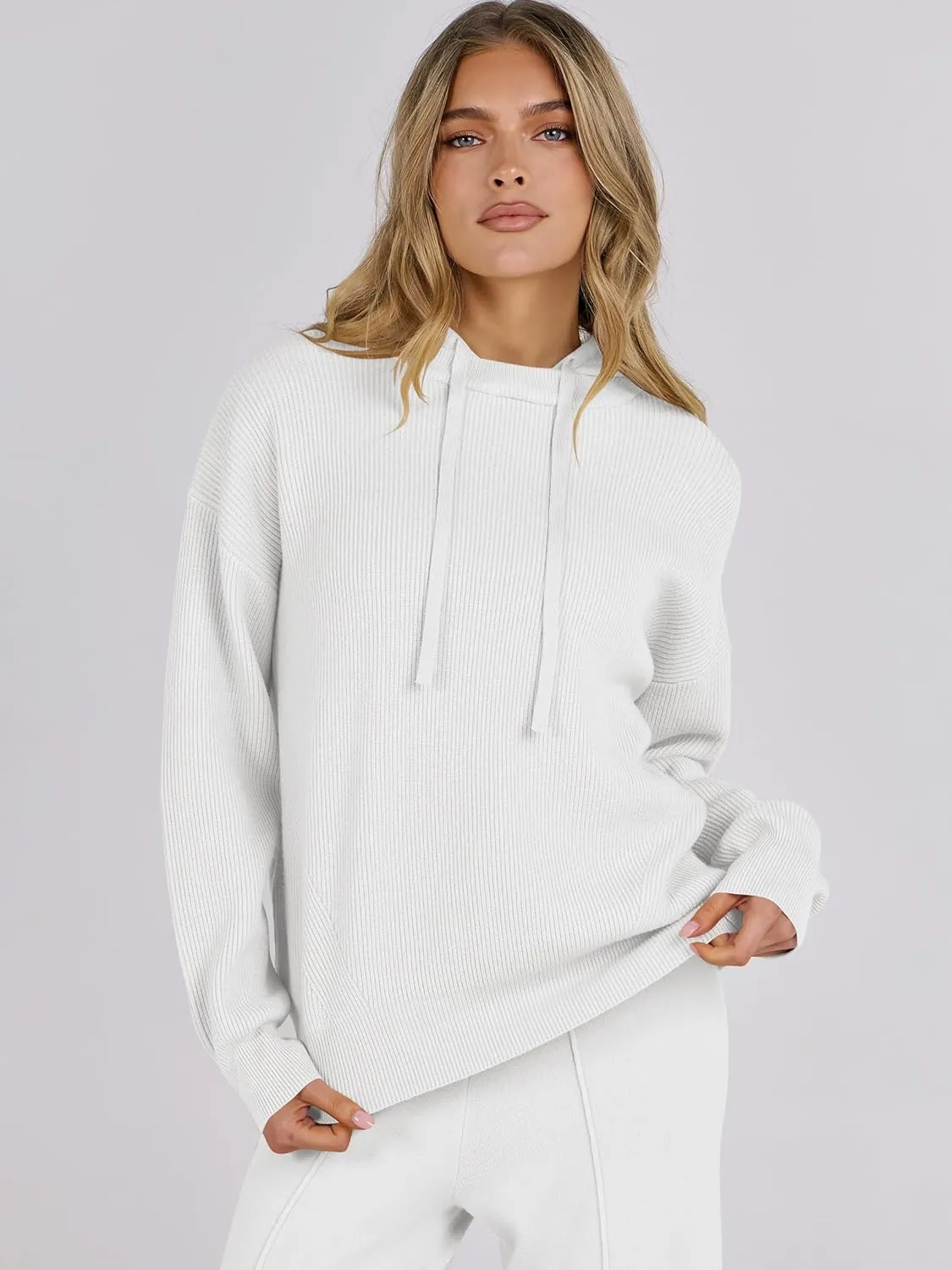 ANRABESS Women 2 Piece Outfits Sweater Sets Loose Long Sleeve Hoodies Knit Pullover Wide Leg Pants 2025 Fall Lounge Sweatsuit