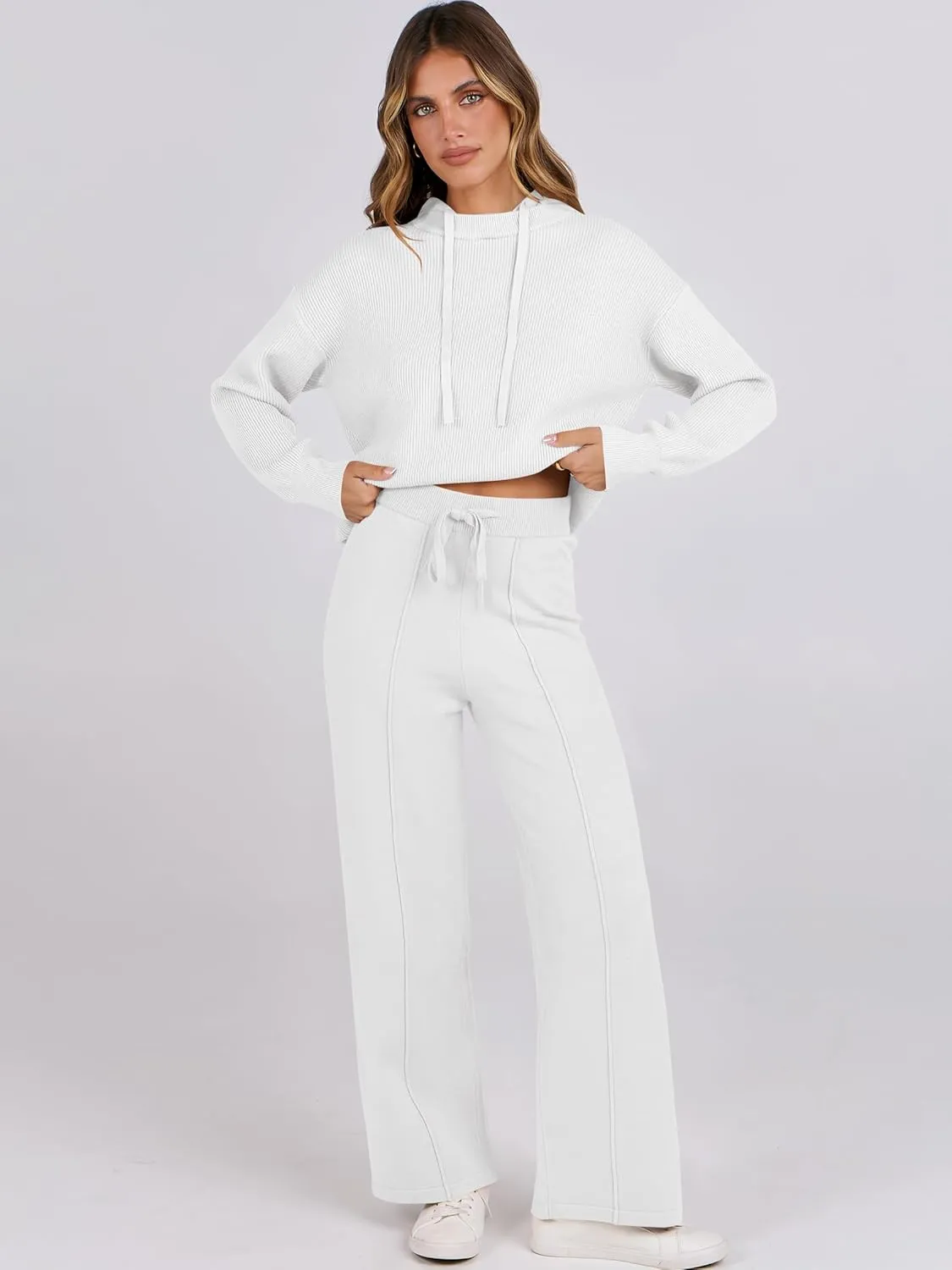 ANRABESS Women 2 Piece Outfits Sweater Sets Loose Long Sleeve Hoodies Knit Pullover Wide Leg Pants 2025 Fall Lounge Sweatsuit
