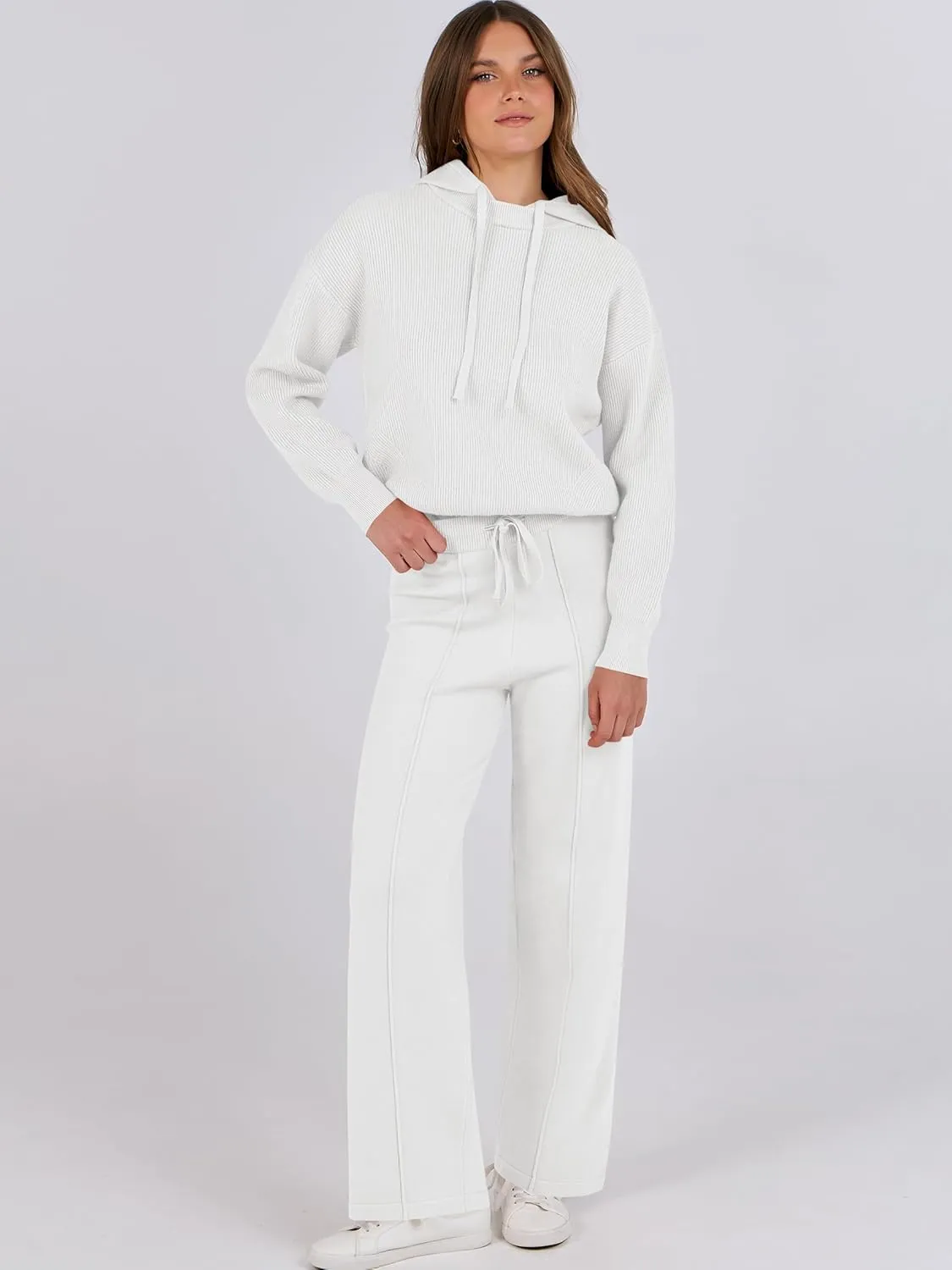 ANRABESS Women 2 Piece Outfits Sweater Sets Loose Long Sleeve Hoodies Knit Pullover Wide Leg Pants 2025 Fall Lounge Sweatsuit