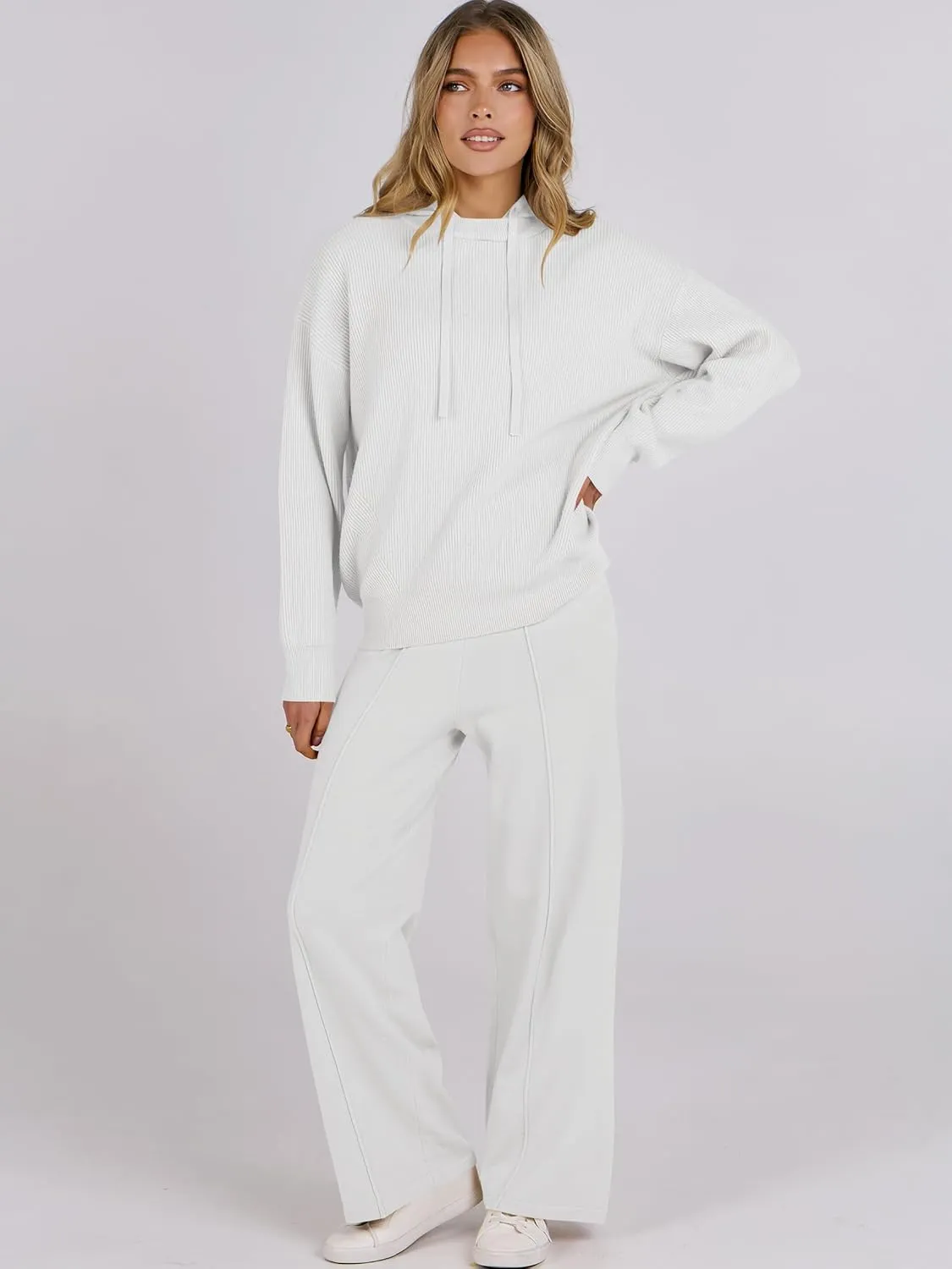 ANRABESS Women 2 Piece Outfits Sweater Sets Loose Long Sleeve Hoodies Knit Pullover Wide Leg Pants 2025 Fall Lounge Sweatsuit