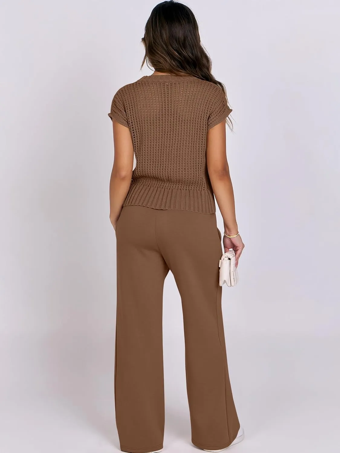 ANRABESS Women Two Piece Outfits Crochet Sheer Knit Sweater Top Wide Leg Pants Lounge Matching Sets Sweatsuit Travel Clothes