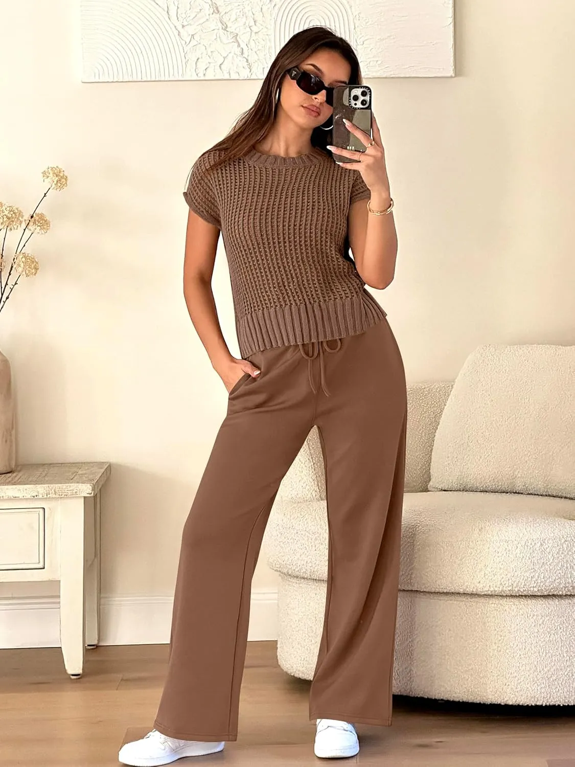 ANRABESS Women Two Piece Outfits Crochet Sheer Knit Sweater Top Wide Leg Pants Lounge Matching Sets Sweatsuit Travel Clothes