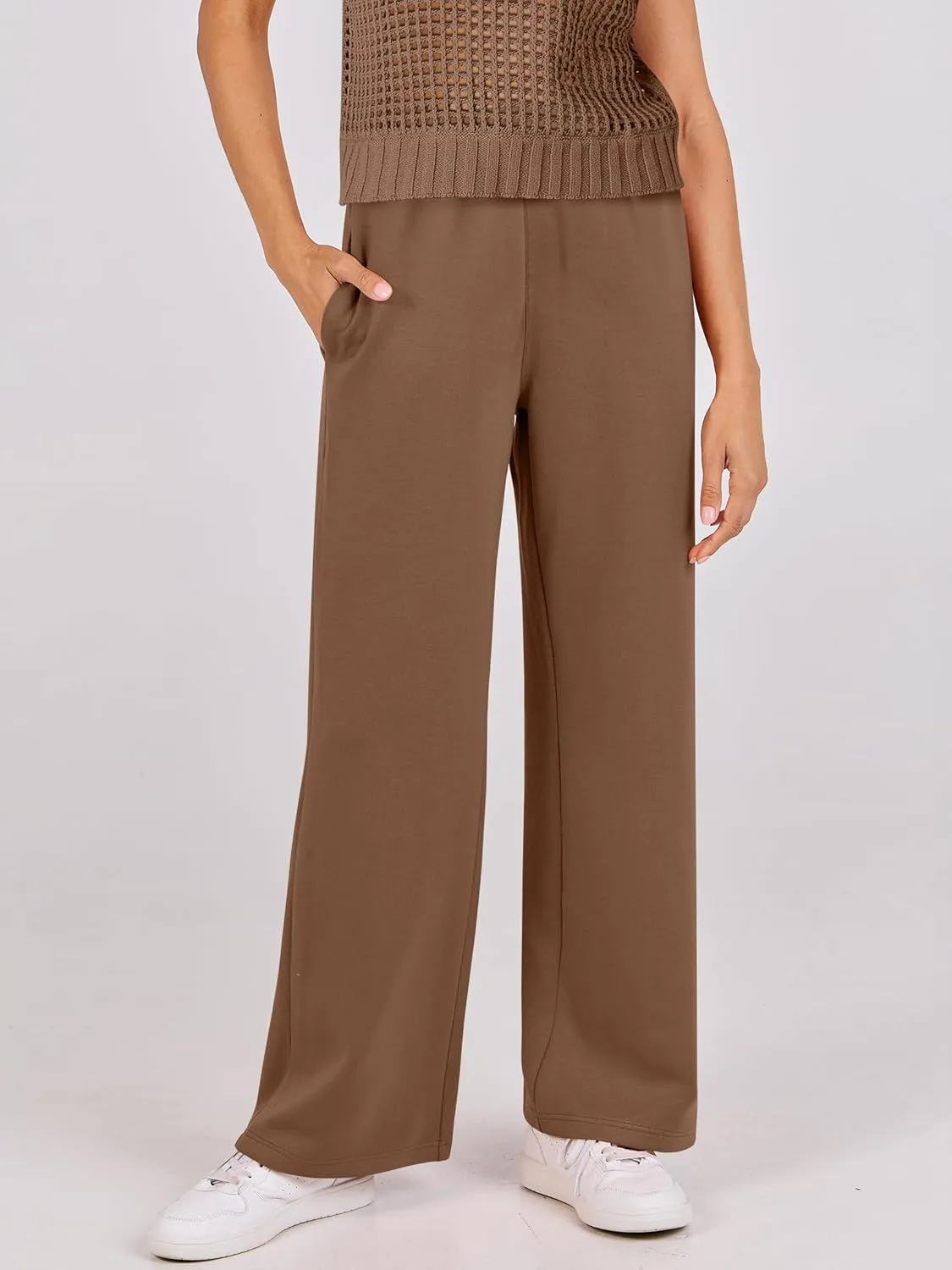 ANRABESS Women Two Piece Outfits Crochet Sheer Knit Sweater Top Wide Leg Pants Lounge Matching Sets Sweatsuit Travel Clothes