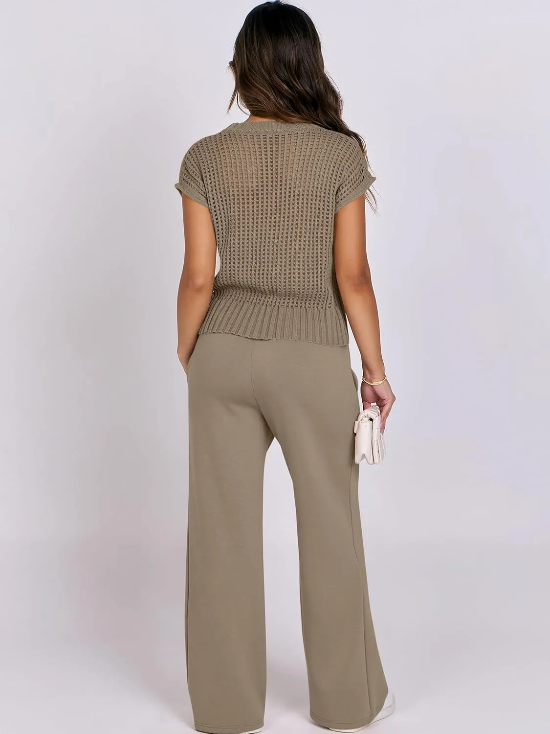 ANRABESS Women Two Piece Outfits Crochet Sheer Knit Sweater Top Wide Leg Pants Lounge Matching Sets Sweatsuit Travel Clothes
