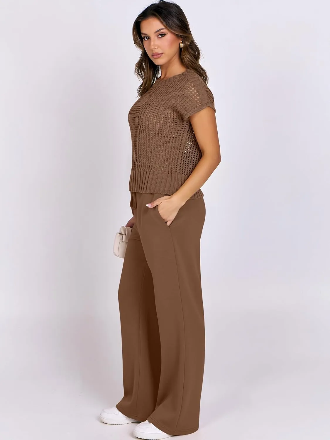 ANRABESS Women Two Piece Outfits Crochet Sheer Knit Sweater Top Wide Leg Pants Lounge Matching Sets Sweatsuit Travel Clothes