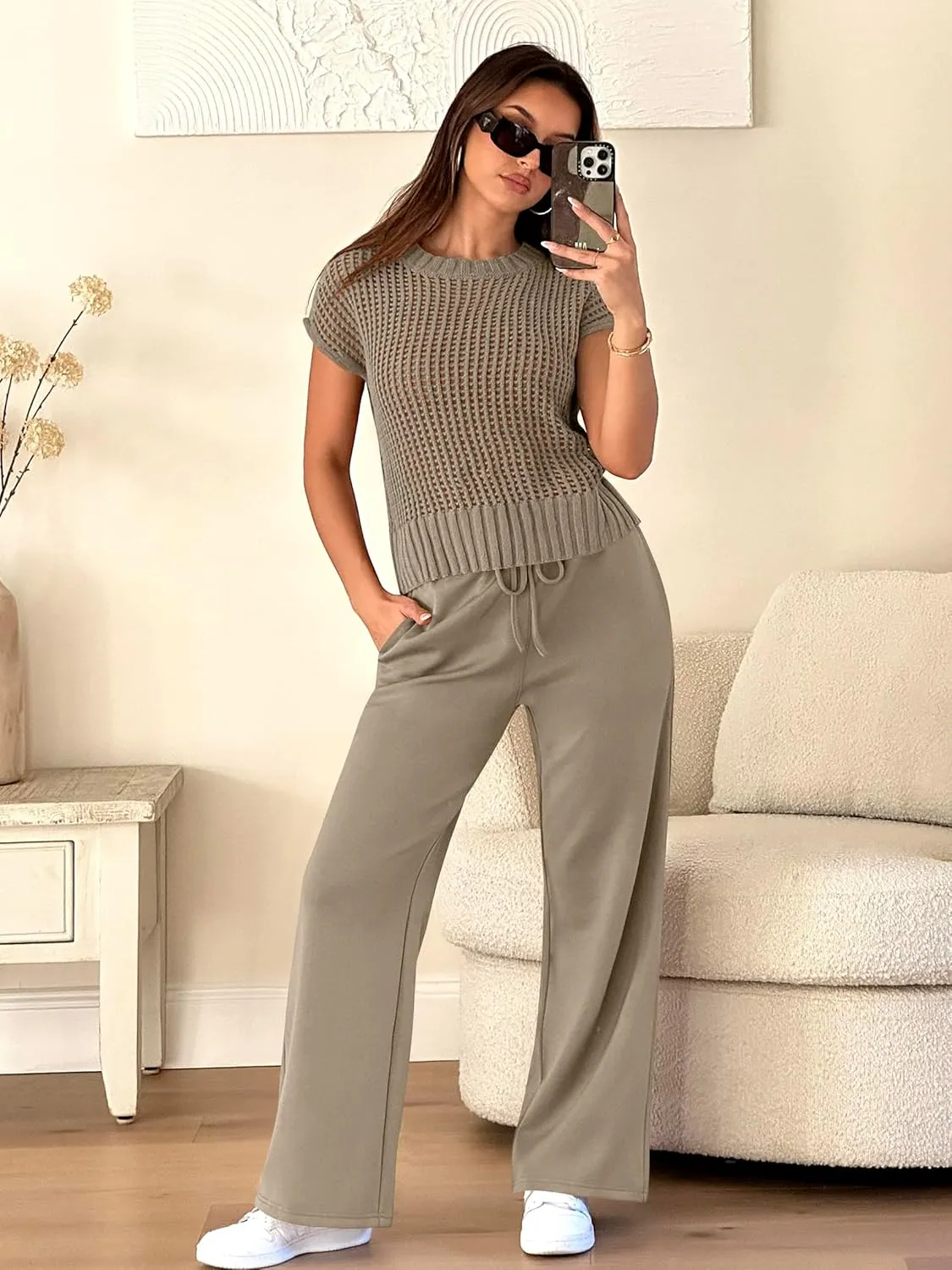 ANRABESS Women Two Piece Outfits Crochet Sheer Knit Sweater Top Wide Leg Pants Lounge Matching Sets Sweatsuit Travel Clothes