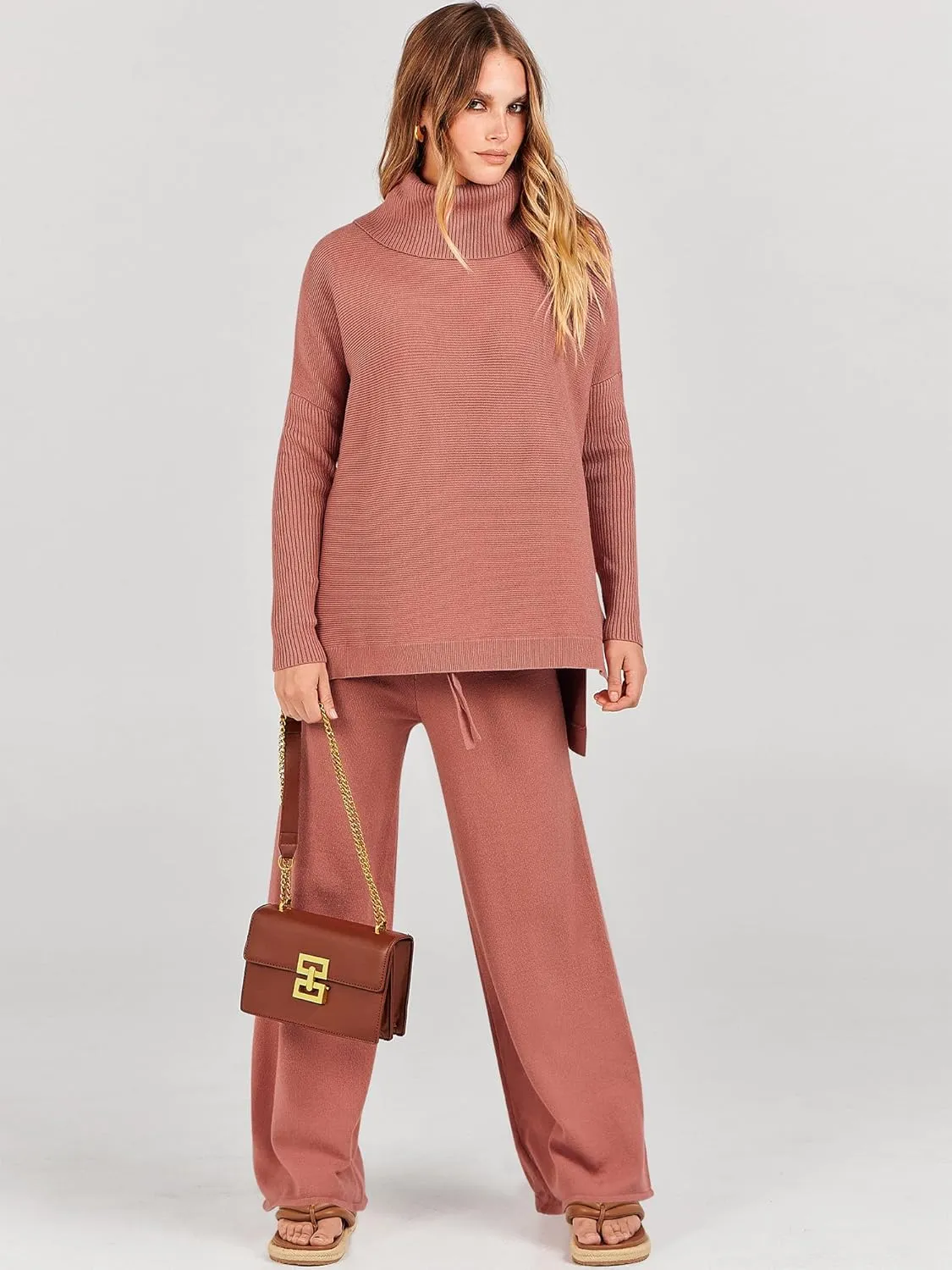 ANRABESS Women Two Piece Outfits Oversized Turtleneck Knit Pullover Sweater Top Wide Leg Pants Lounge Set Sweatsuit 2025 Fall