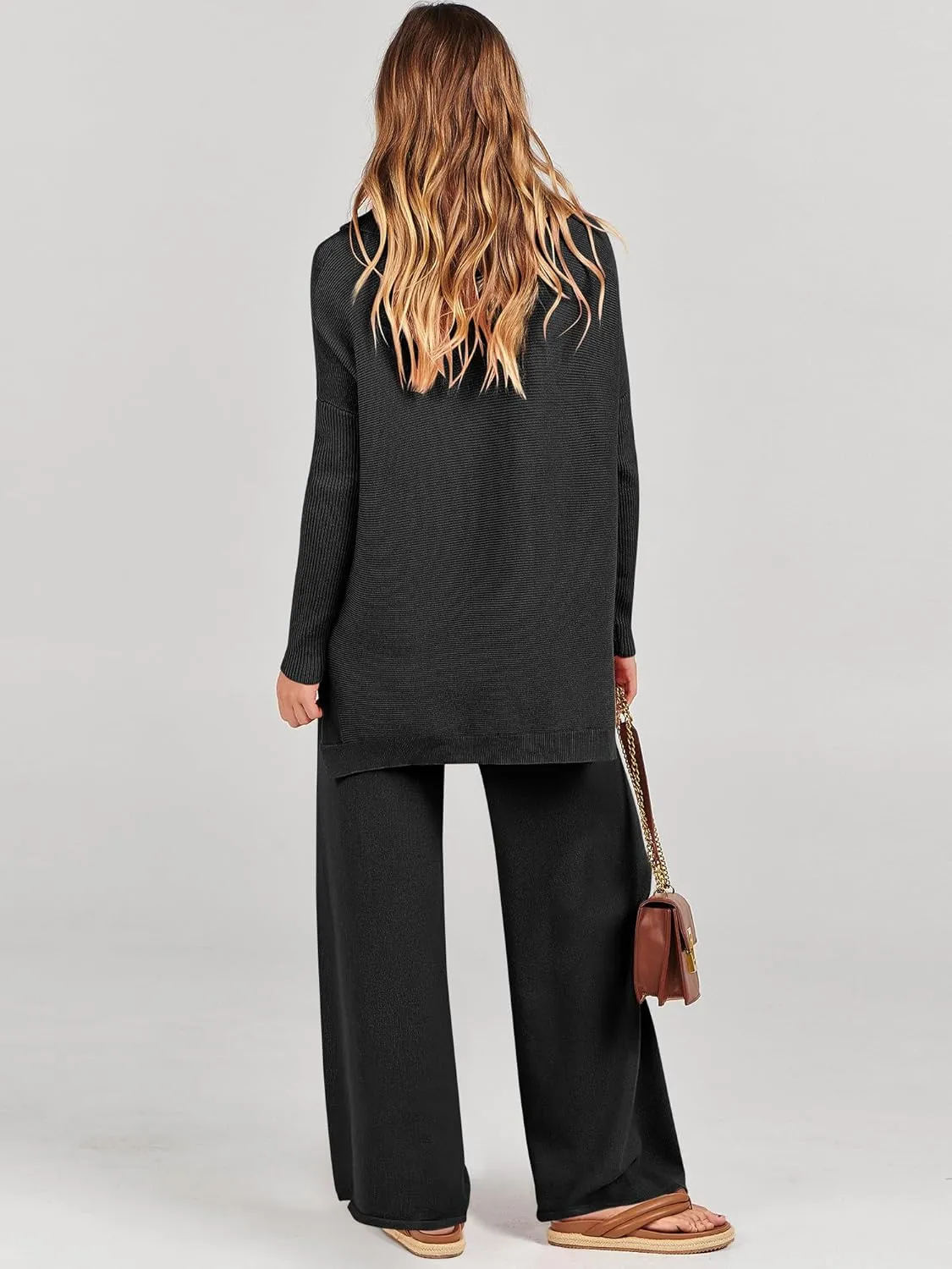 ANRABESS Women Two Piece Outfits Oversized Turtleneck Knit Pullover Sweater Top Wide Leg Pants Lounge Set Sweatsuit 2025 Fall