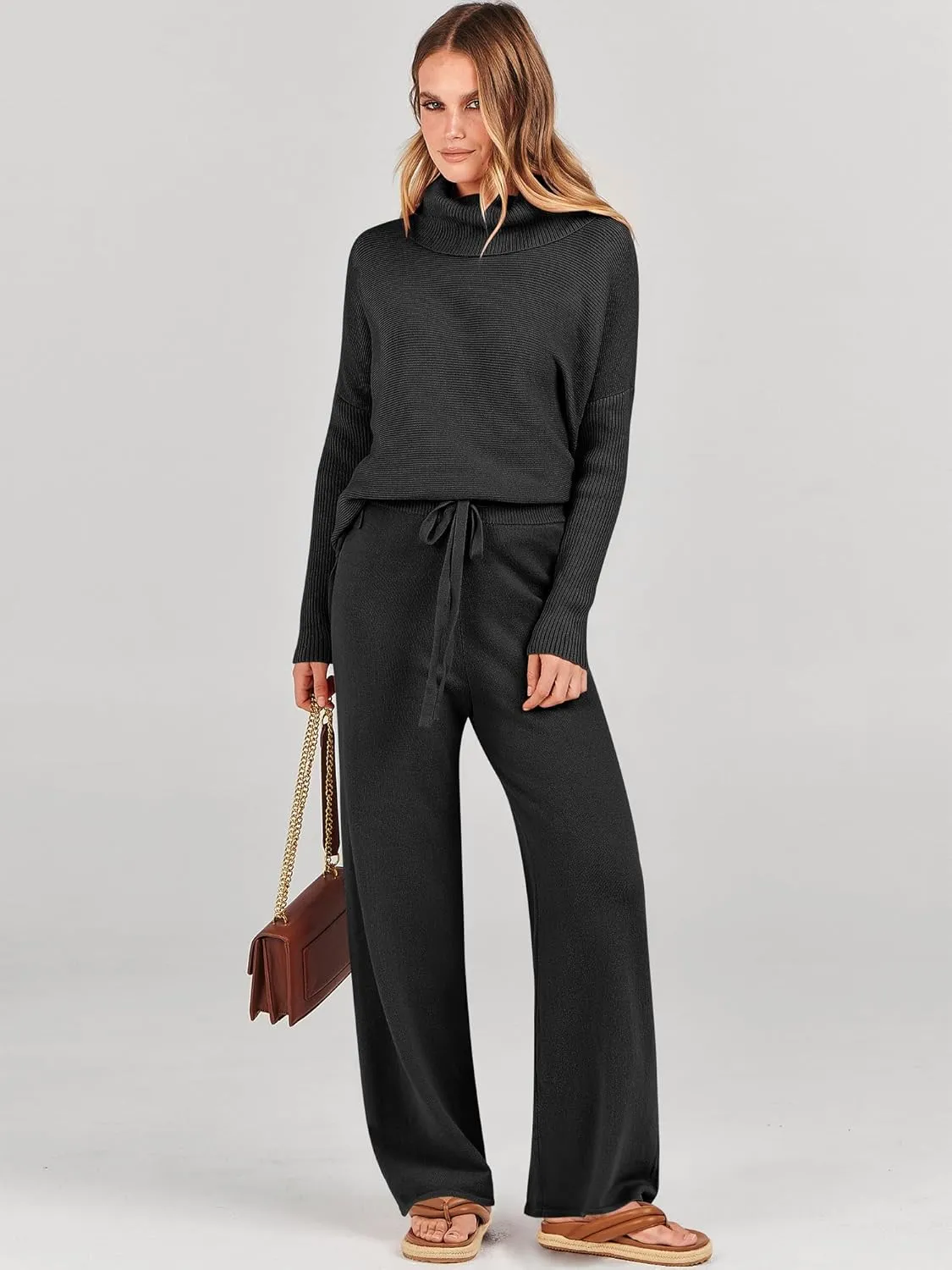 ANRABESS Women Two Piece Outfits Oversized Turtleneck Knit Pullover Sweater Top Wide Leg Pants Lounge Set Sweatsuit 2025 Fall