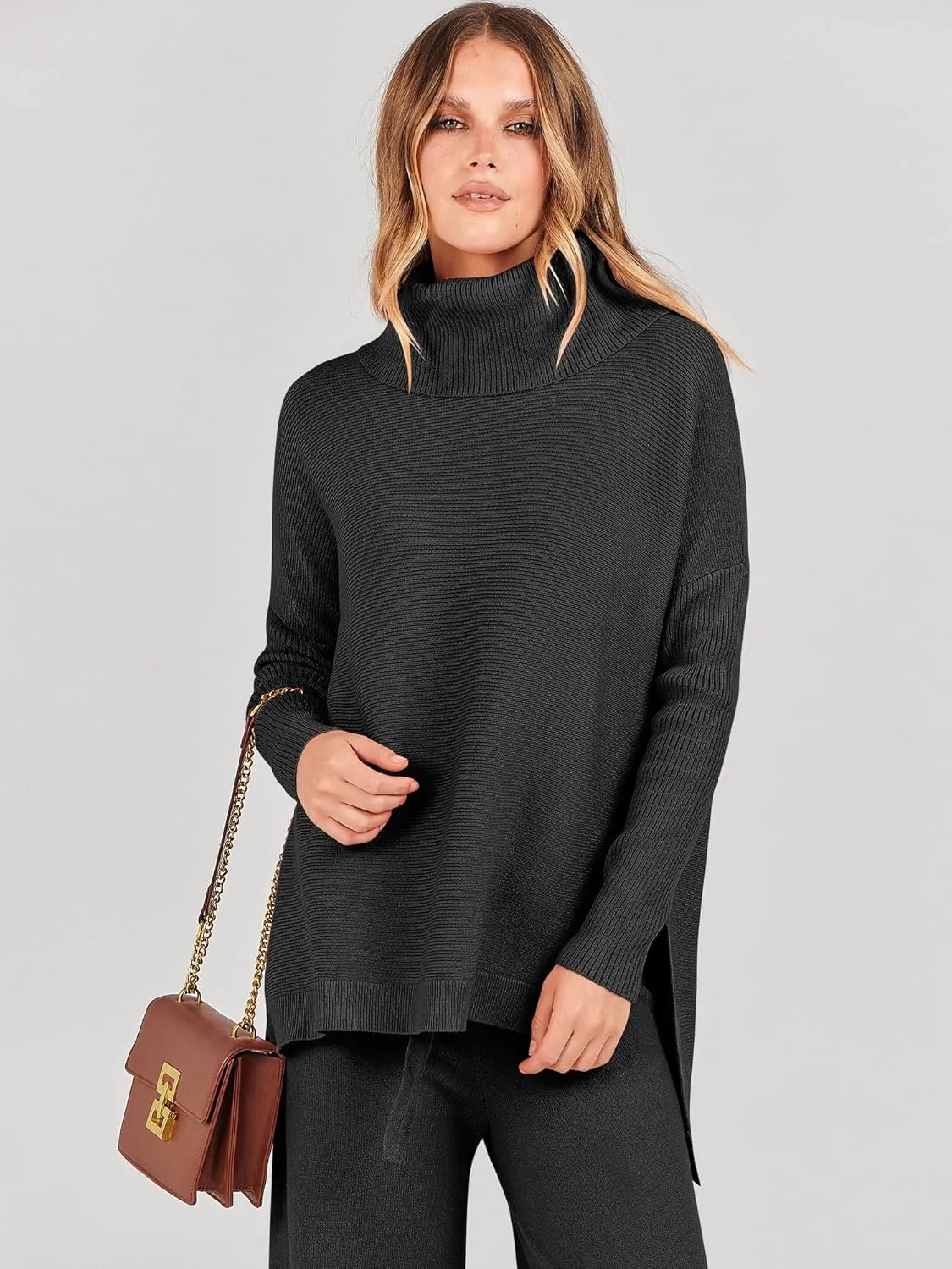 ANRABESS Women Two Piece Outfits Oversized Turtleneck Knit Pullover Sweater Top Wide Leg Pants Lounge Set Sweatsuit 2025 Fall