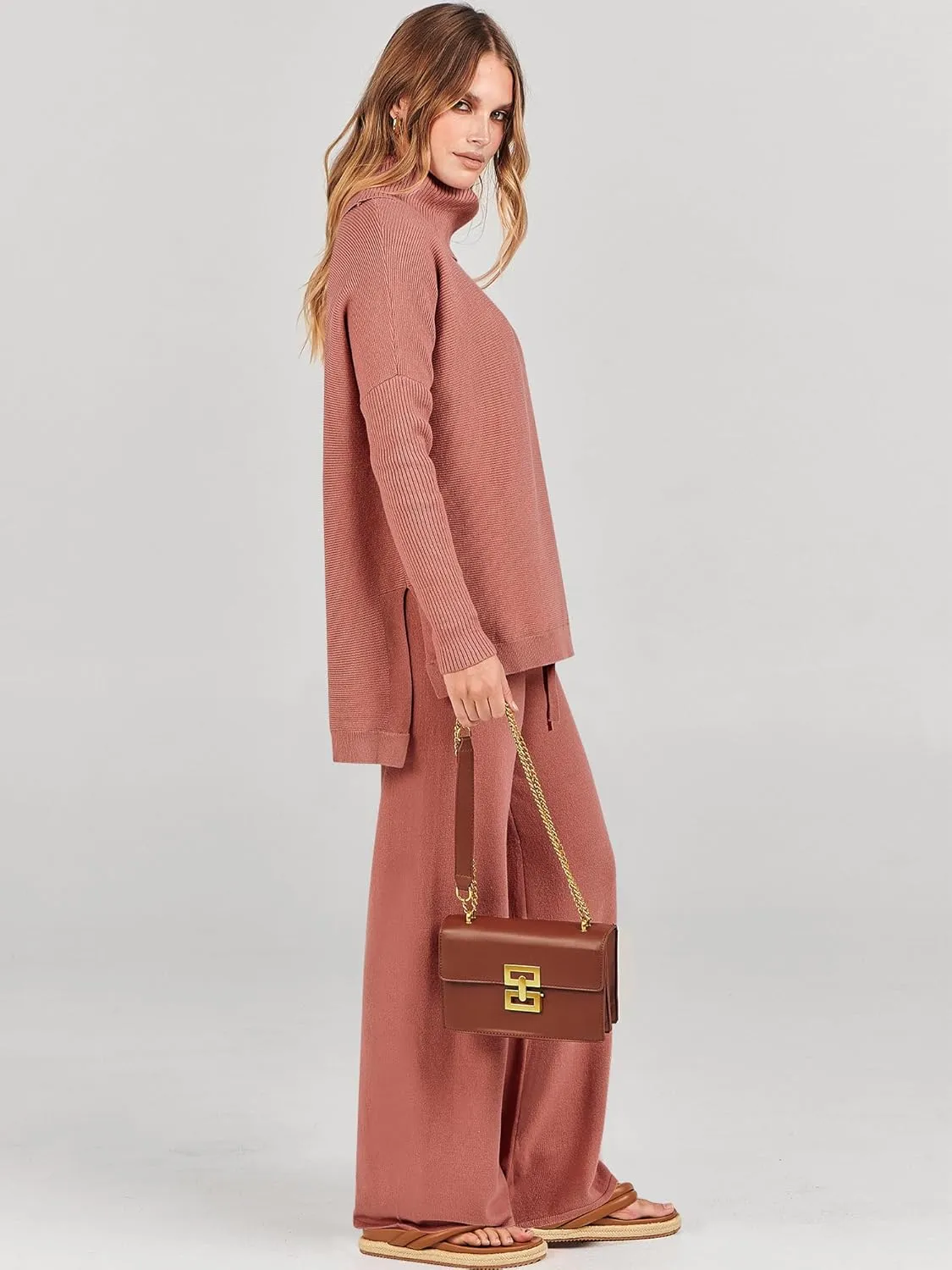 ANRABESS Women Two Piece Outfits Oversized Turtleneck Knit Pullover Sweater Top Wide Leg Pants Lounge Set Sweatsuit 2025 Fall