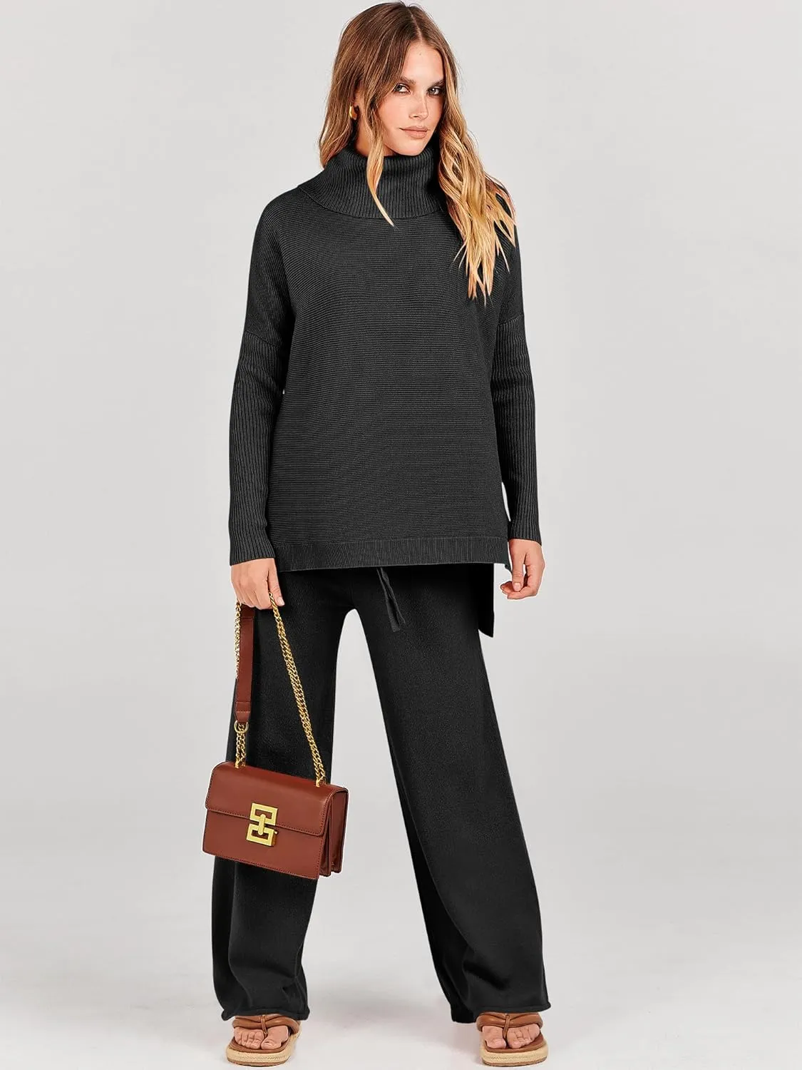 ANRABESS Women Two Piece Outfits Oversized Turtleneck Knit Pullover Sweater Top Wide Leg Pants Lounge Set Sweatsuit 2025 Fall