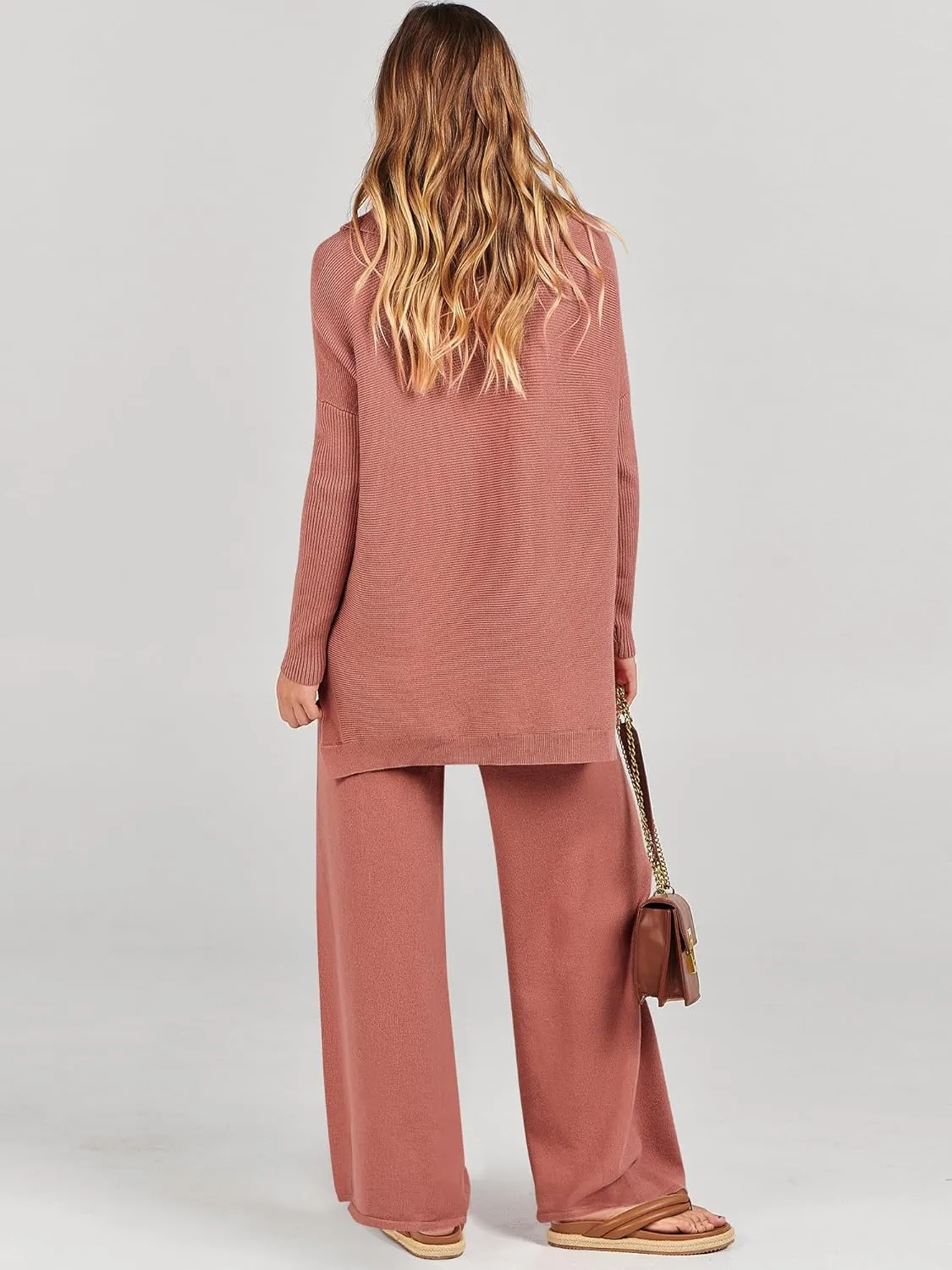 ANRABESS Women Two Piece Outfits Oversized Turtleneck Knit Pullover Sweater Top Wide Leg Pants Lounge Set Sweatsuit 2025 Fall