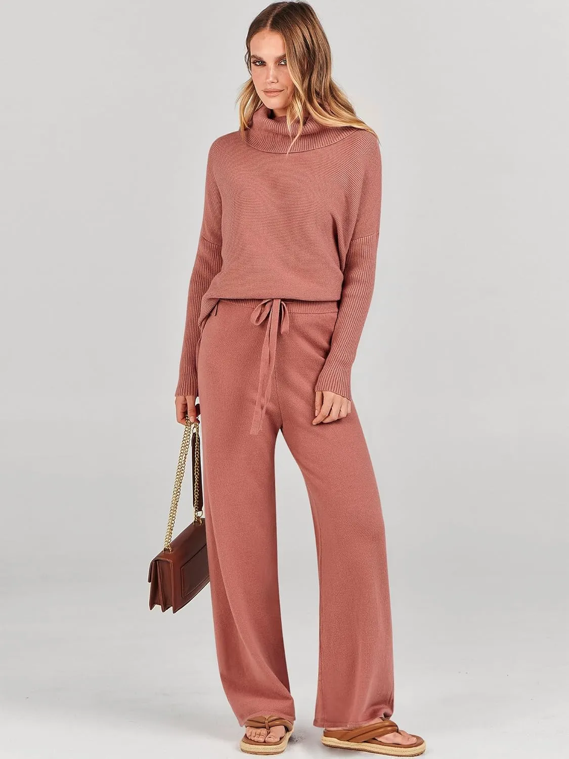 ANRABESS Women Two Piece Outfits Oversized Turtleneck Knit Pullover Sweater Top Wide Leg Pants Lounge Set Sweatsuit 2025 Fall
