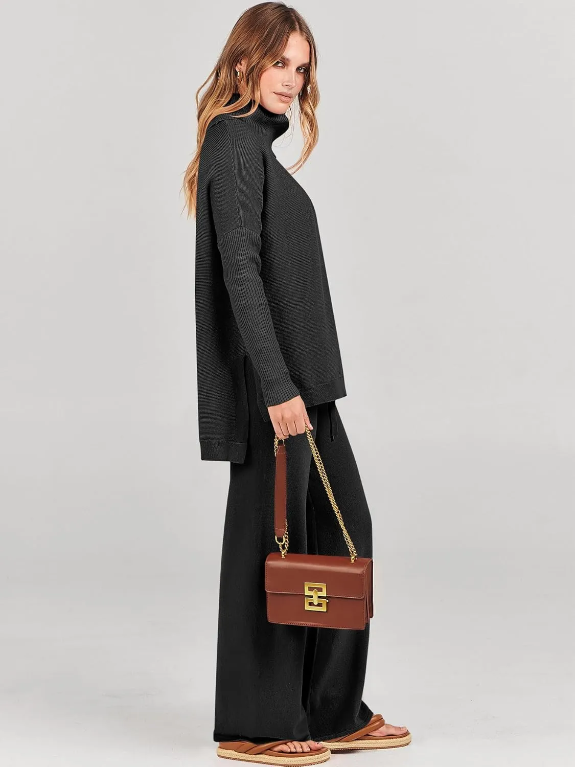 ANRABESS Women Two Piece Outfits Oversized Turtleneck Knit Pullover Sweater Top Wide Leg Pants Lounge Set Sweatsuit 2025 Fall