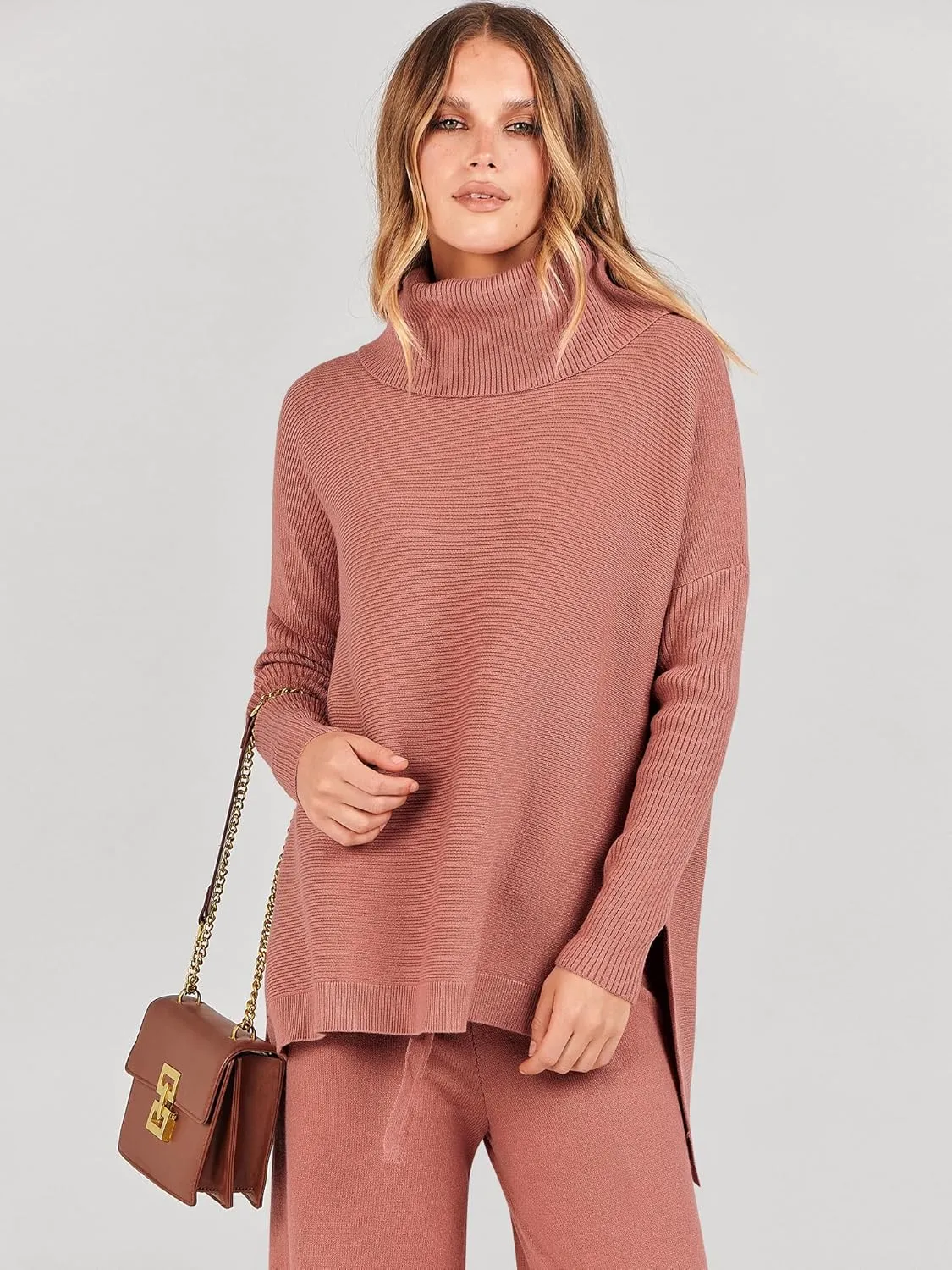 ANRABESS Women Two Piece Outfits Oversized Turtleneck Knit Pullover Sweater Top Wide Leg Pants Lounge Set Sweatsuit 2025 Fall
