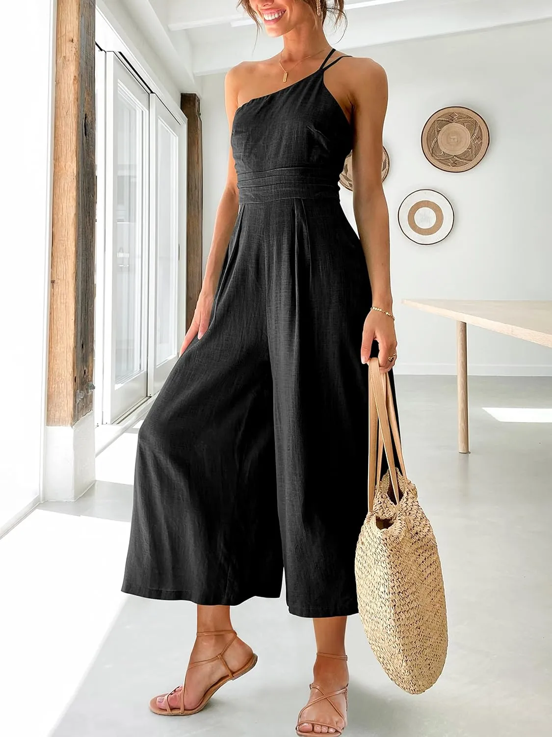 ANRABESS Women's Summer Straps One Shoulder High Waist Dressy Casual Wide Leg Linen Jumpsuit Romper Beach Travel Outfits